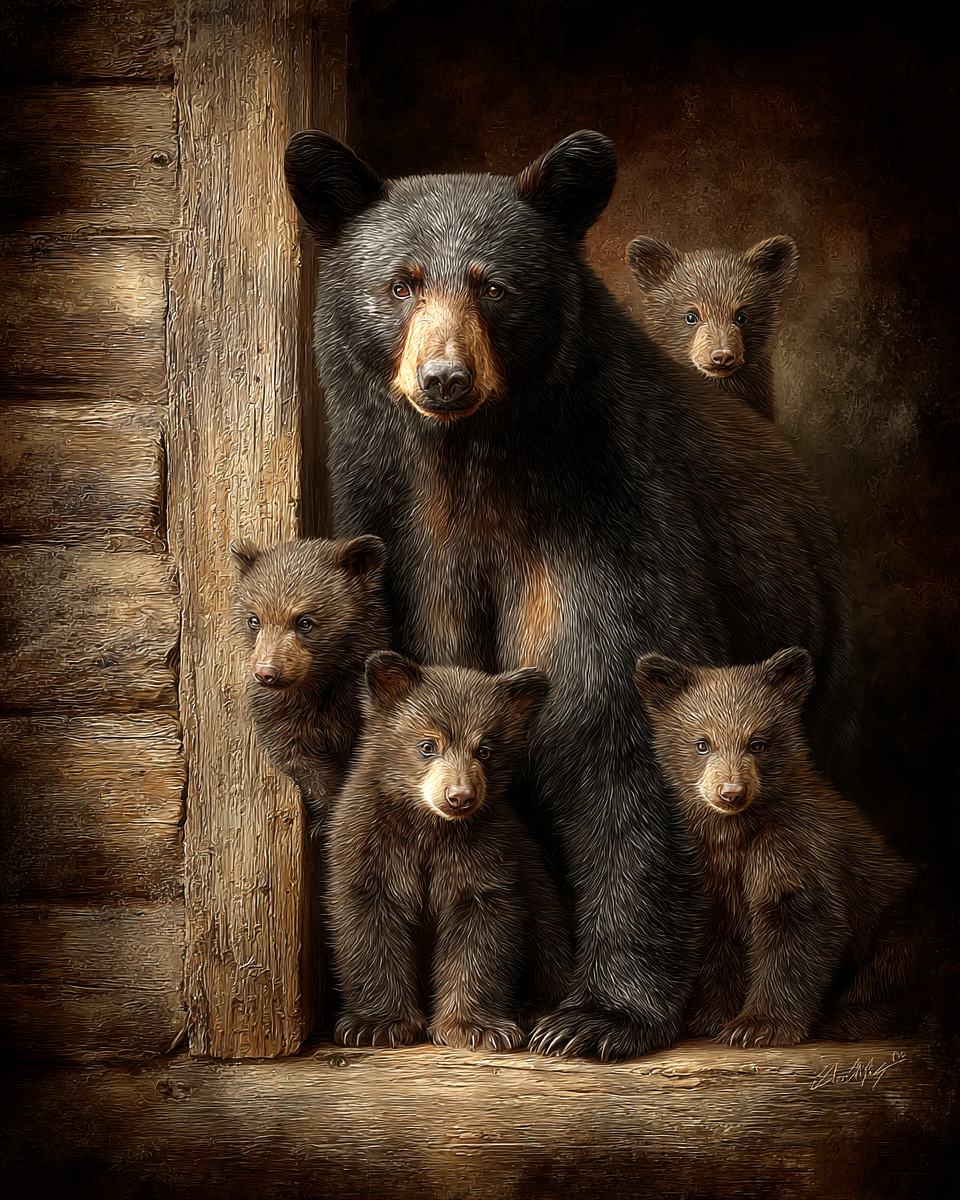 Mom With Her Four Cubs - Black Bear Art Print