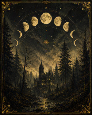 Moon Phases Over Forest - Dark Academia Art Print