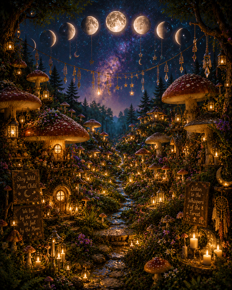 Moon Phases Over Pixie Village - Cottagecore Art Prints
