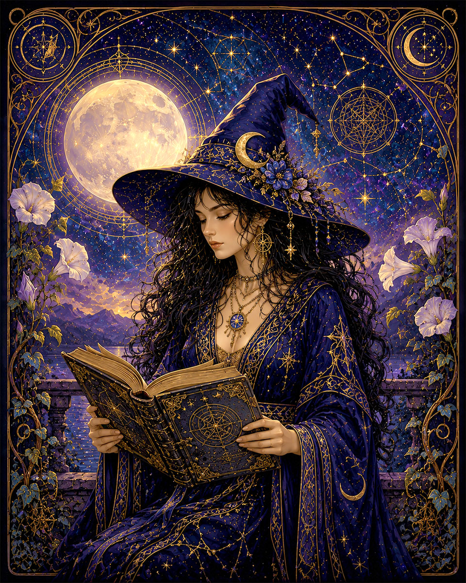 Moon Witch Reading - Wiccan and Pagan Artwork