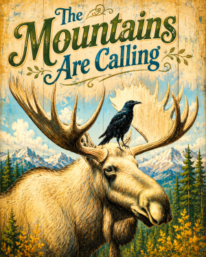 Moose and Raven - The Mountains are Calling Art Print