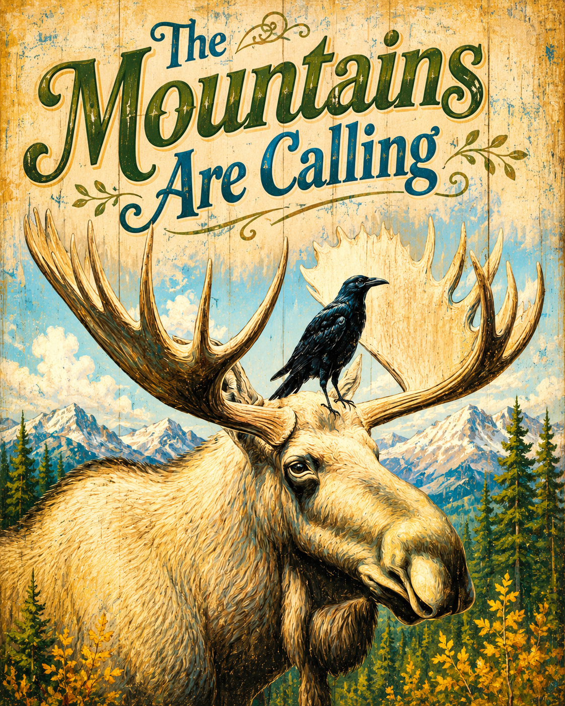 Moose and Raven - The Mountains are Calling Art Print