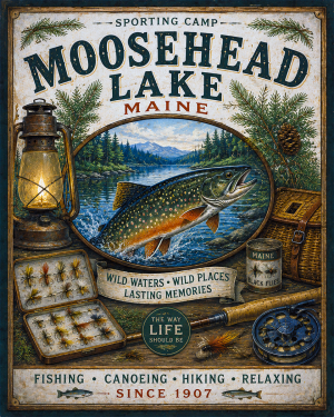 Moosehead Lake Maine Fishing Art Print - Vintage Lake and Fly Fishing Wall Decor