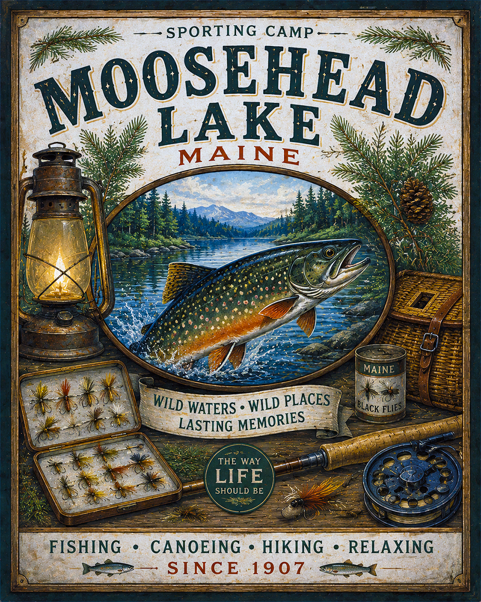Moosehead Lake Maine Fishing Art Print - Vintage Lake and Fly Fishing Wall Decor