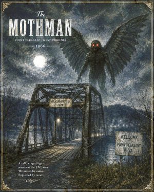 Mothman Over a Bridge - Folk Horror - Appalachian Gothic Art Print