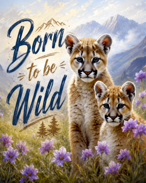 Mountain Lion Cubs in Meadow - Born to Be Wild - Wildlife Art Print