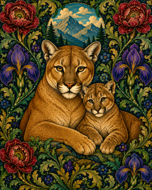 Mountain Lion with Cub - 19th Century Arts and Crafts Style Art Print