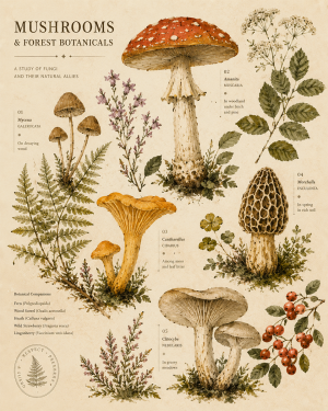 Mushroom and Fores Botanicals Antique Style Poster Print