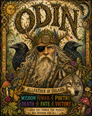 Naturalism Style - Odin with His Wolf and Ravens - Norse Mythology Art Print
