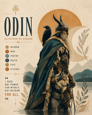 Naturalist Style - Odin with His Wolf and Ravens on Lakeshore - Norse Mythology Art Print
