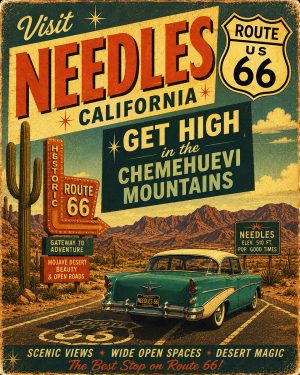Needles California - Get High in the Chemehuevi Mountains - Route 66 Parody Poster