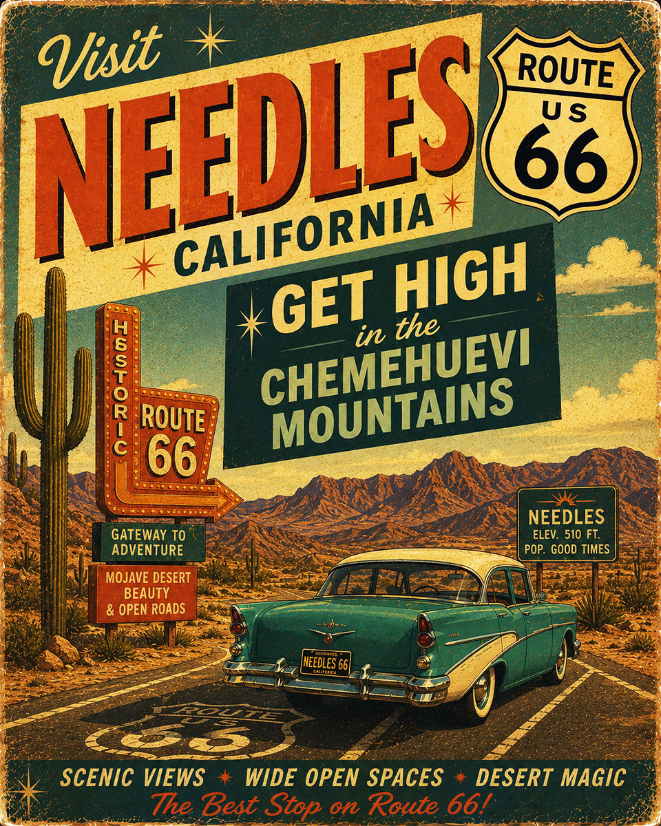 Needles California - Get High in the Chemehuevi Mountains - Route 66 Parody Poster