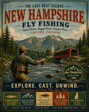 New Hampshire - Fly Fishing Vintage Retro Poster Art Print