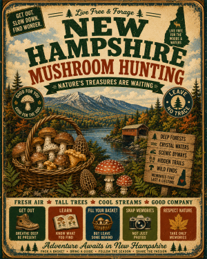 New Hampshire - Vintage Retro Mushroom Hunting Poster Art Print