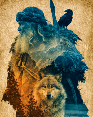 Nordic God - Odin with His Wolf and Ravens - Norse Mythology Art Print