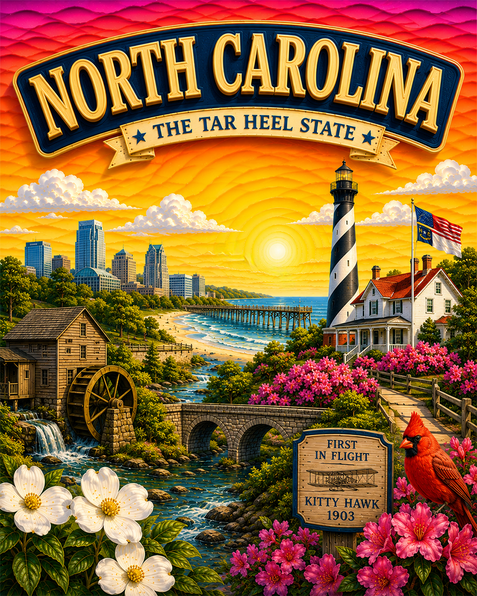North Carolina Souvenir Art Print - Name Drop Destination Travel Poster
