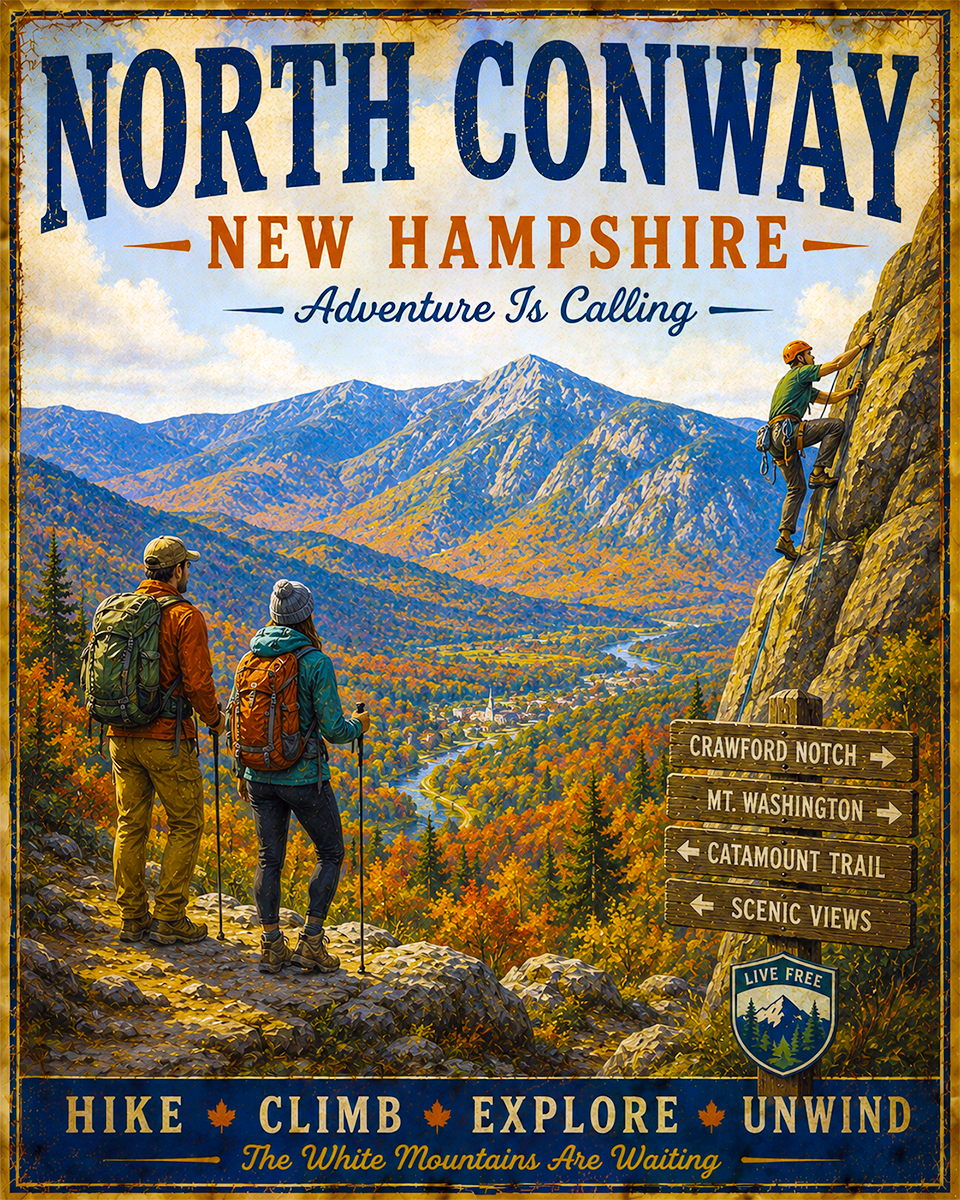 North Conway - Adventure Is Calling Art Print - Vintage Travel Poster Mountain Town Wilderness Wall Decor
