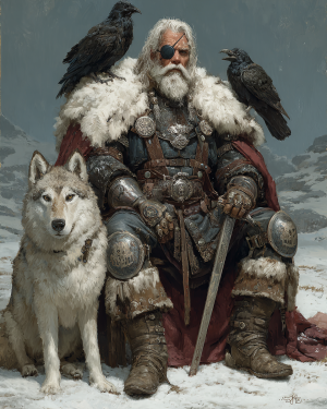 Odin with His Wolf and Ravens - Norse Mythology Art Print