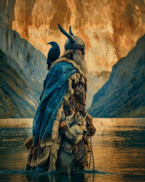 On the Lakeshore - Odin with His Wolf and Ravens - Norse Mythology Art Print Art Print