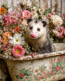 Opossum Artwork - Bathtub and Bouquet - Bathroom Art