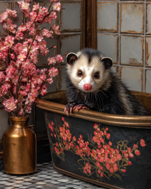 Opossum Artwork - Cherry Blossum Bathtub - Bathroom Art
