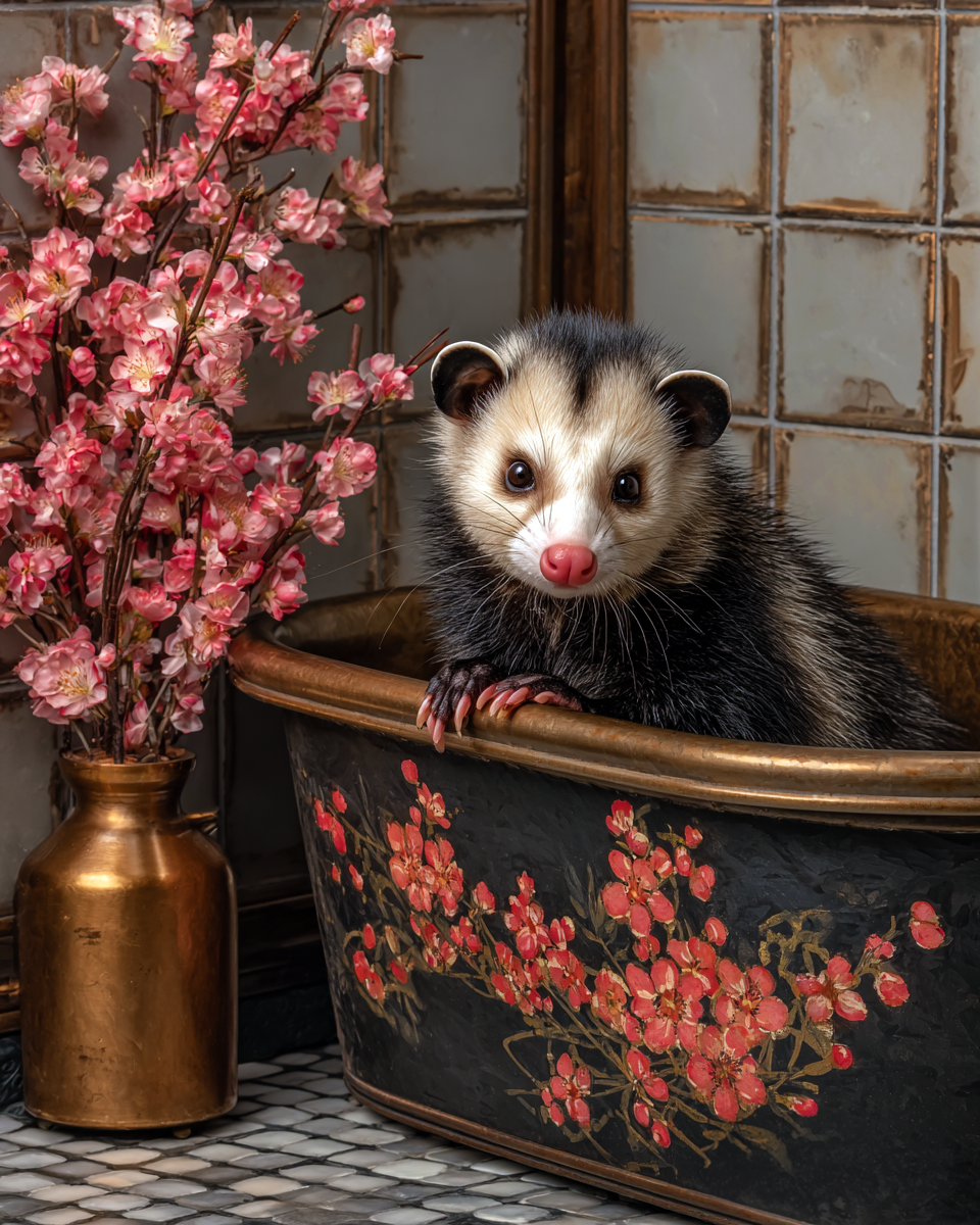 Opossum Artwork - Cherry Blossum Bathtub - Bathroom Art