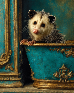Opossum Artwork - Turquoise Bathtub - Bathroom Art