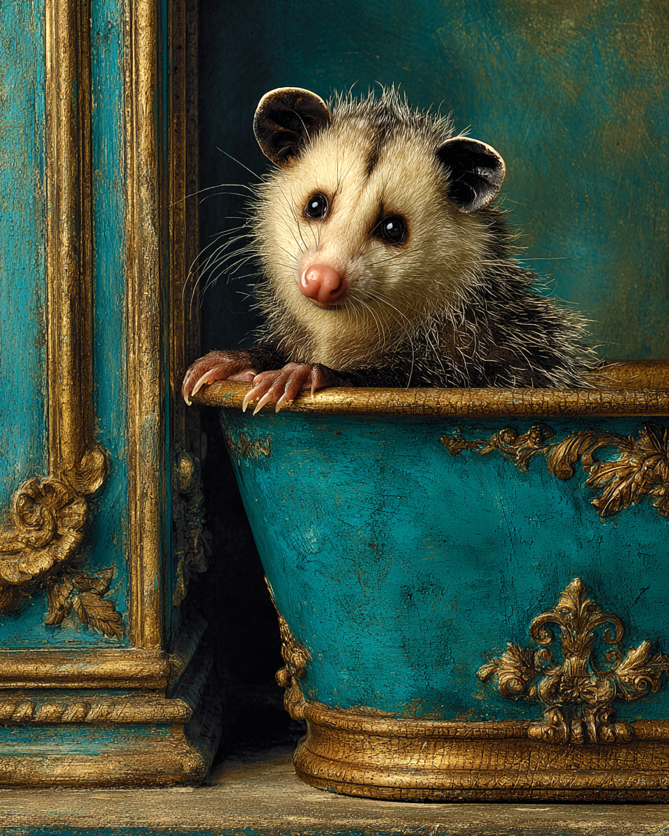 Opossum Artwork - Turquoise Bathtub - Bathroom Art