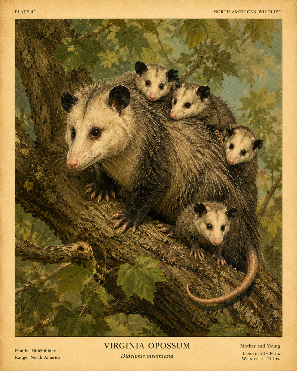 Opossum Family - Vintage Wildlife Art - Antique Nature Illustration