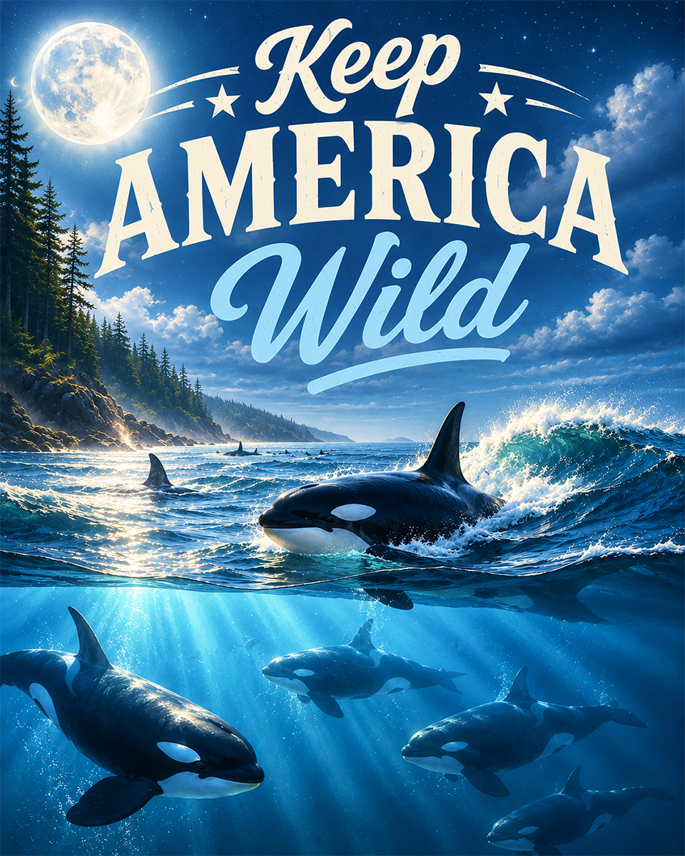 Orcas - Keep America Wild Art Print - Americana Nature Artwork