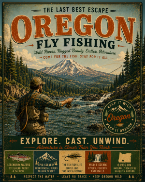 Oregon - Fly Fishing Vintage Retro Poster Art Print