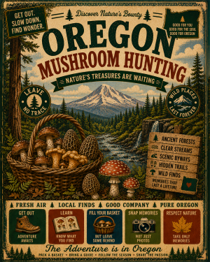 Oregon - Vintage Retro Mushroom Hunting Poster Art Print