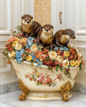 Otter Artwork - On a Bouquet in a Bathtub - Bathroom Art