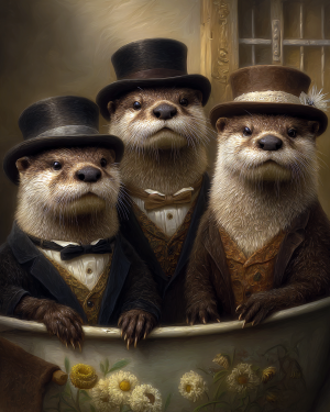 Otter Artwork - Three Gentleotters in a Bathtub - Bathroom Art