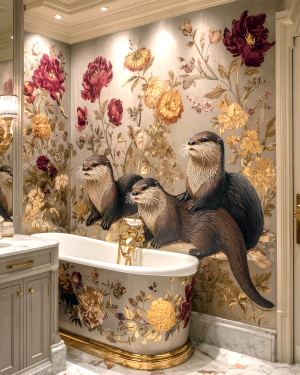 Otter Artwork - Wallpaper Behind Bathtub II - Bathroom Art