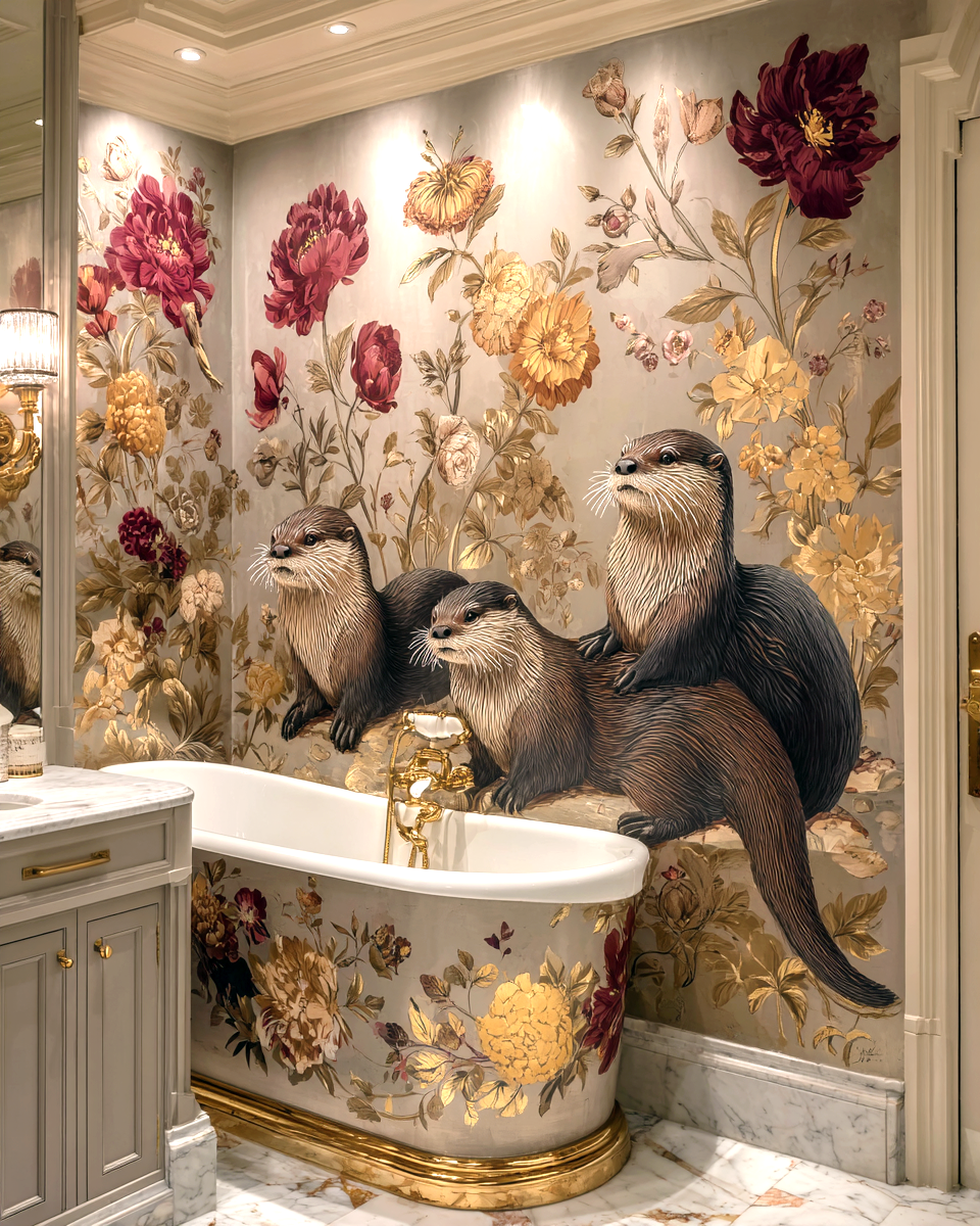 Otter Artwork - Wallpaper Behind Bathtub II - Bathroom Art