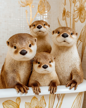 Otter Artwork - Young Family in a Bathtub - Bathroom Art