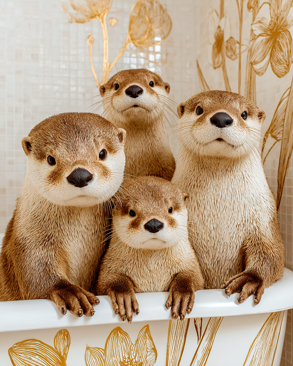 Otter Artwork - Young Family in a Bathtub - Bathroom Art