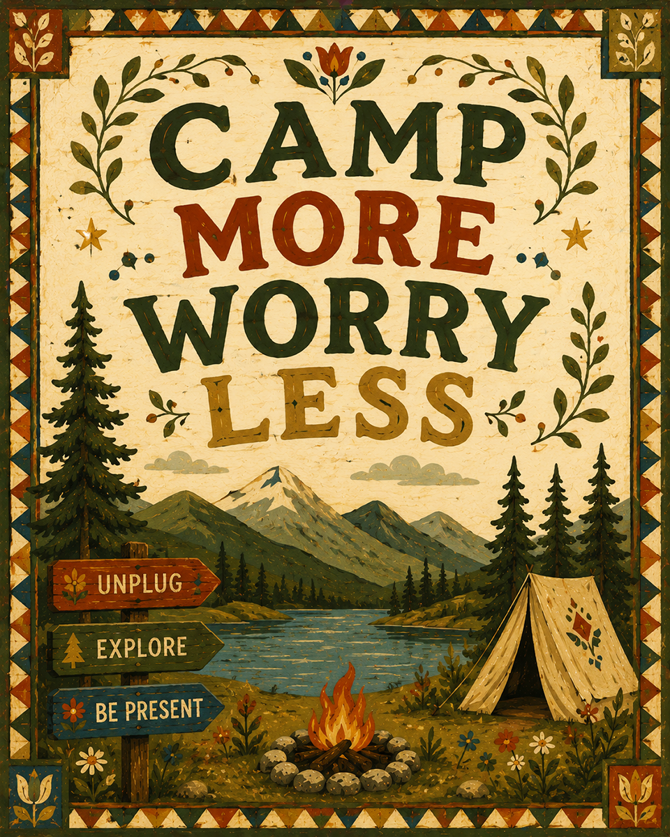Outdoors Art Print - Camp More Worry Less - Folk Style