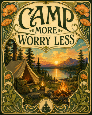Outdoors Art Print - Camp More Worry Less - Nouveau Style