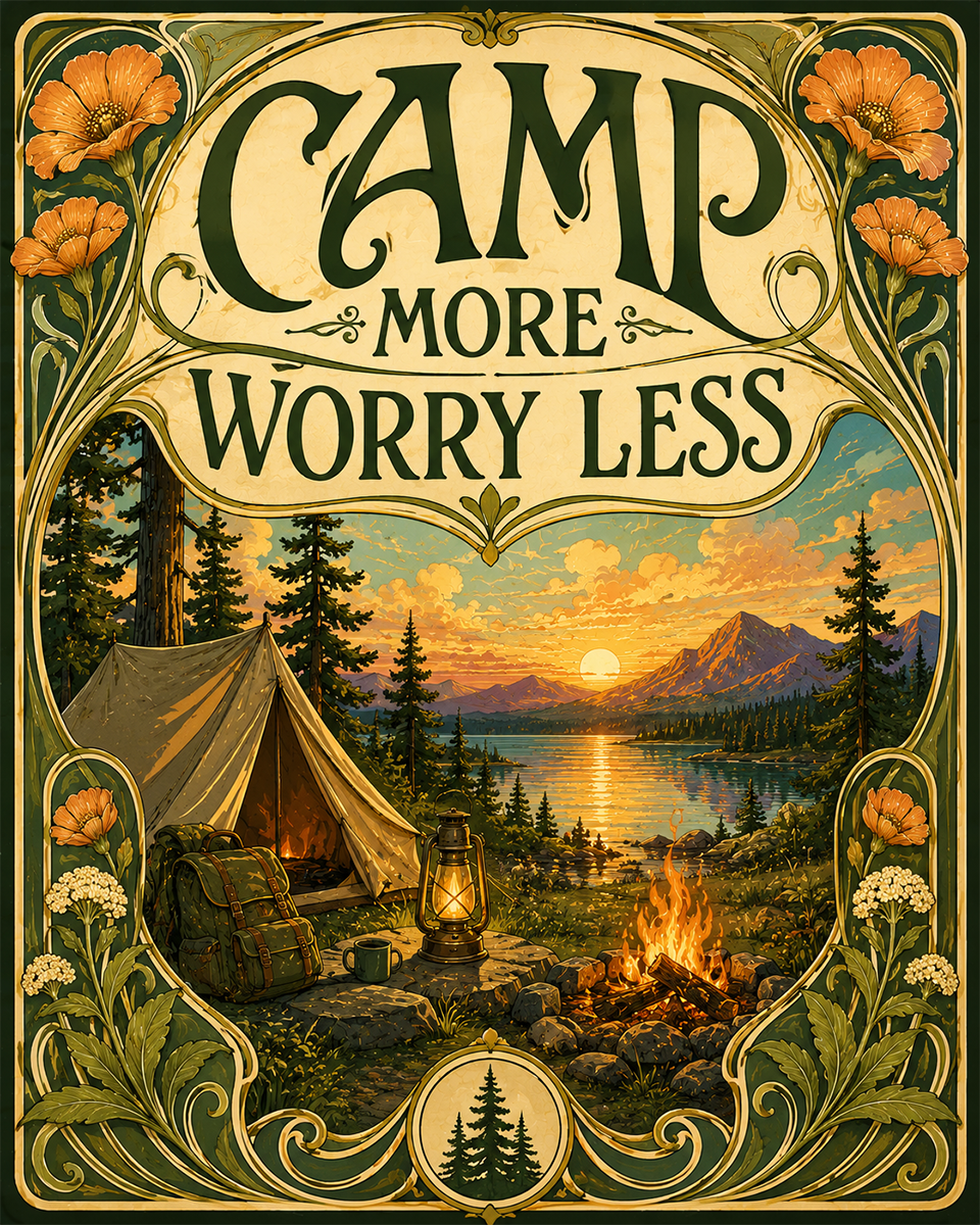 Outdoors Art Print - Camp More Worry Less - Nouveau Style