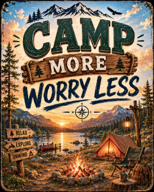 Outdoors Art Print - Camp More Worry Less - Vintage Style