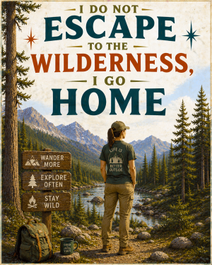 Outdoors Art Print - Woman - Vintage Style - I Do Not Escape to the Wilderness I Go Home