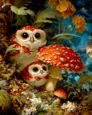 Owl Pair Under an Amanita - Mushroom Home Decor