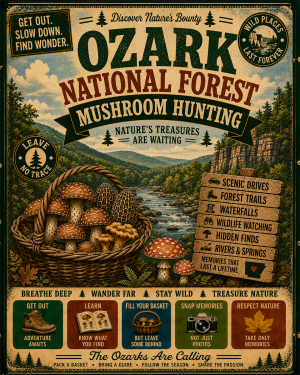 Ozark National Forest - Vintage Retro Mushroom Hunting Poster Art Print