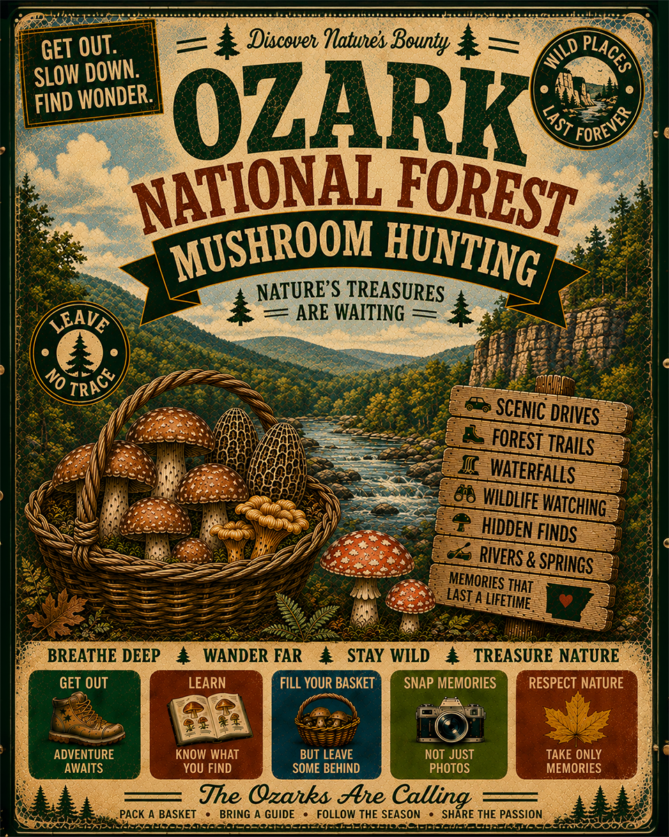 Ozark National Forest - Vintage Retro Mushroom Hunting Poster Art Print