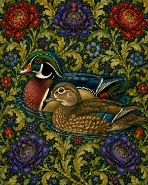 Pair of Wood Ducks - 19th Century Arts and Crafts Style Art Print