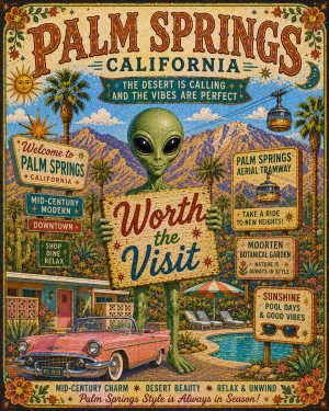 Palm Springs - Folk Art Style Alien Worth The Trip Art Print