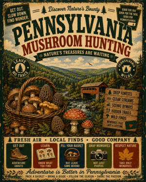 Pennsylvania - Vintage Retro Mushroom Hunting Poster Art Print