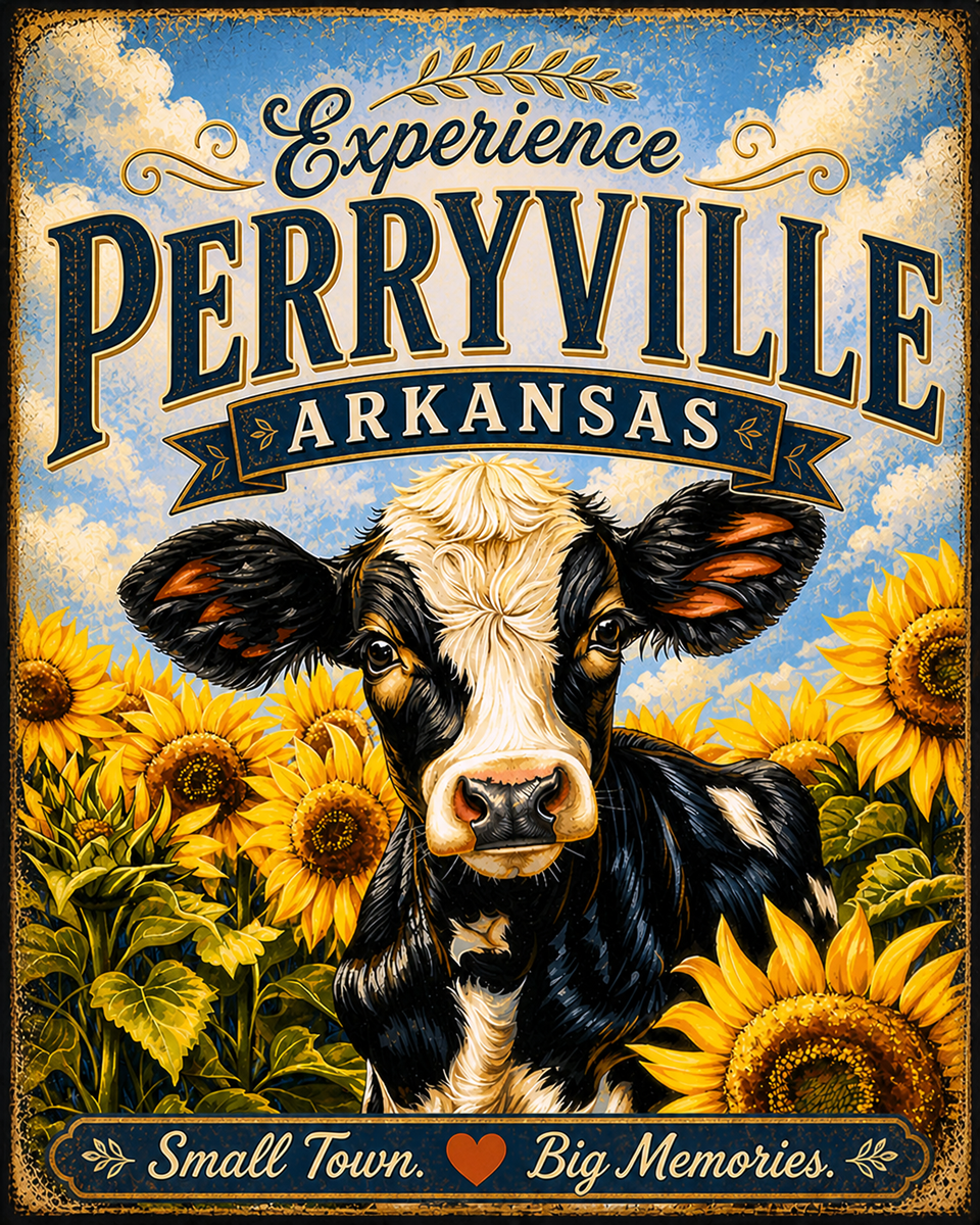 Perryville Arkansas - Sunflowers Cow Agri-Tourism Art Print